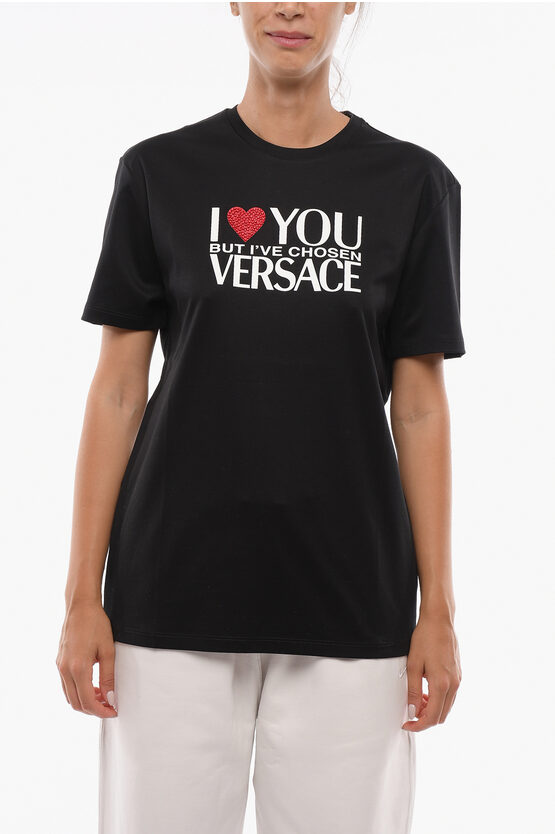 Versace Oversize Crew Neck T-shirt With Rhinestone Heart In Black