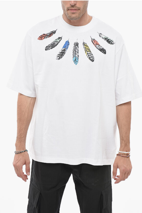 Shop Marcelo Burlon County Of Milan Oversized Collar Feathers T-shirt With Multicolored Print