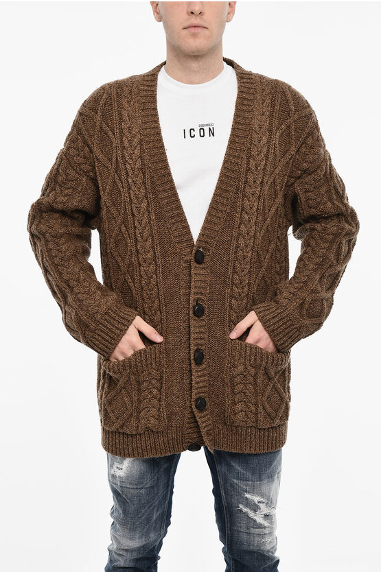 Dsquared2 Oversized Fit Cable Knit Cardigan With 2 Patch Pockets