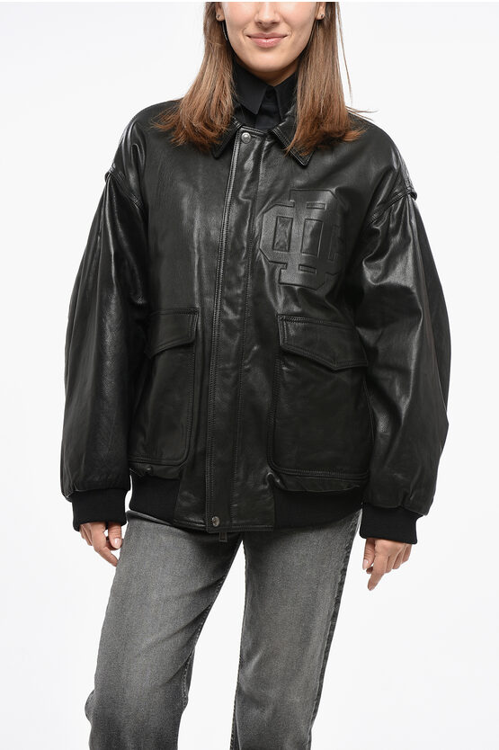Dsquared2 Oversized Fit Leather Bomber Jacket Grösse 38 In Black