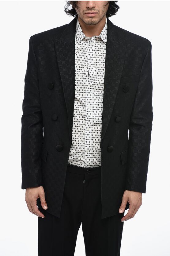 Shop Balmain Oversized Monogram Fabric Blazer With Peak Lapel