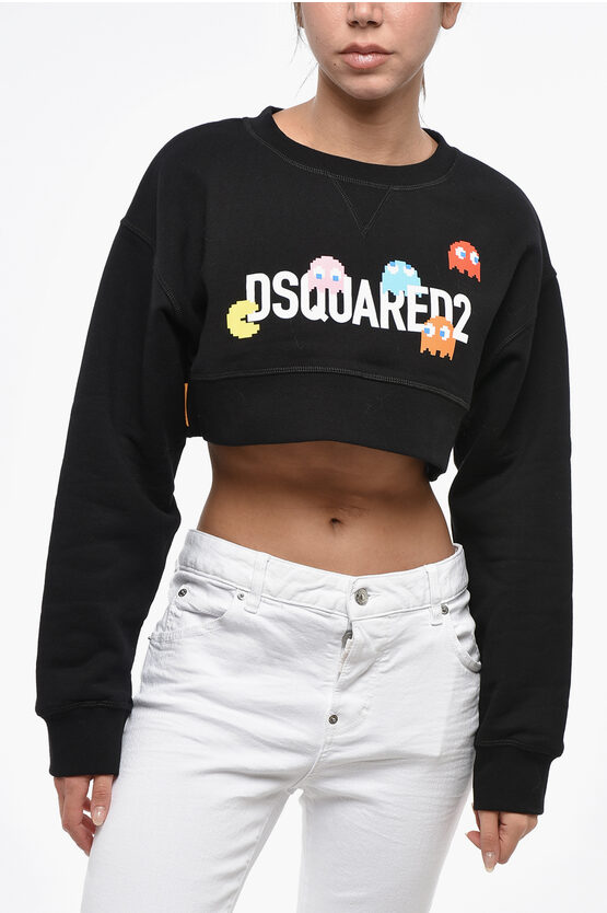 Dsquared2 Pac-man Cropped Cool Fit Crew-neck Sweatshirt In Black