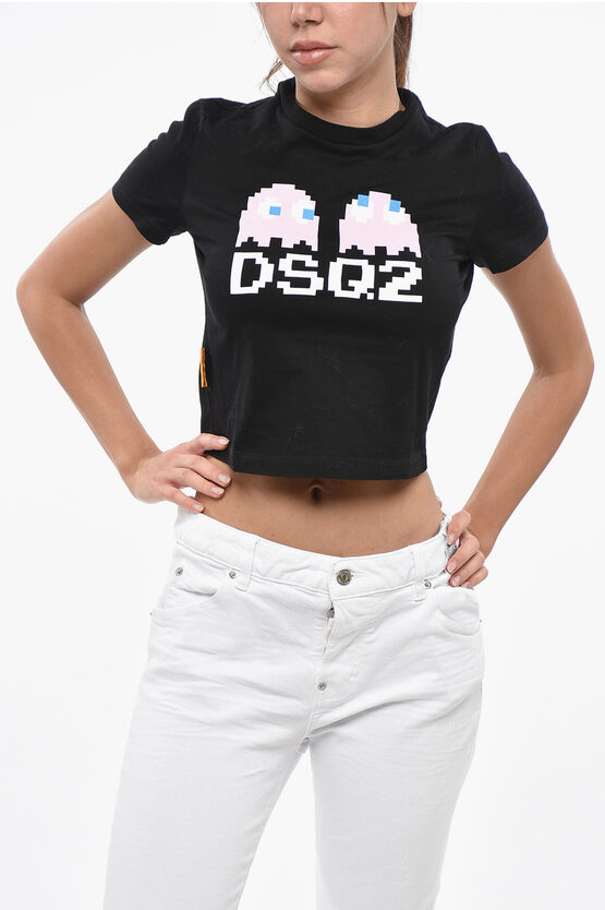 Dsquared2 Pac-man Cropped Mini Fit Crew-neck T-shirt With Monogram In Black
