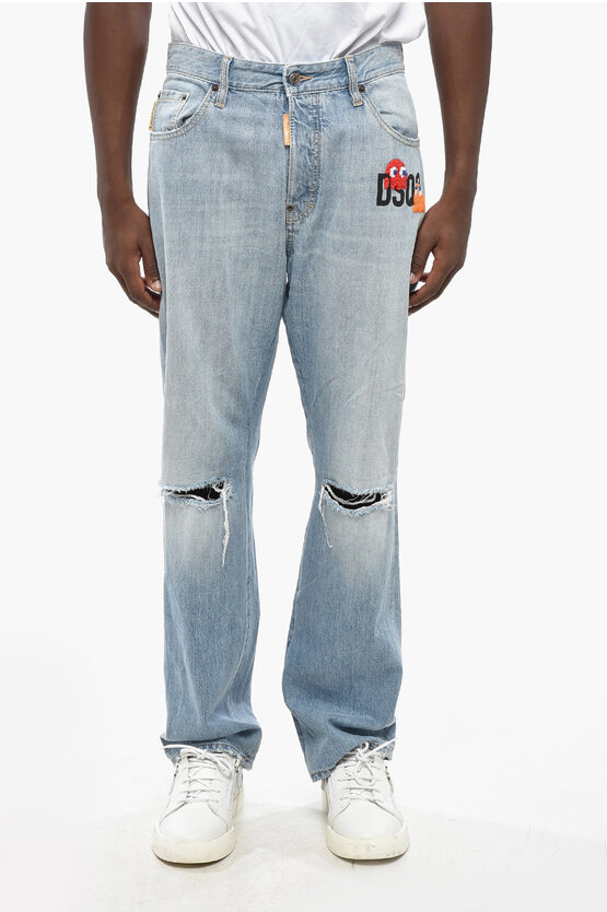 Dsquared2 Pac-man Straight Leg 642 Jeans With Patches 20cm In Blue