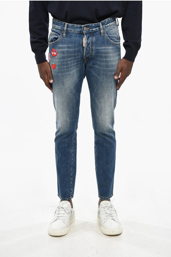 Dsquared2 Pac-man Straight Leg Skater Jeans With Contrasting Patches 1 In Blue