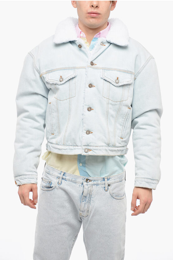 Erl Padded Denim Jacket With Eco-shearling Details In Blue