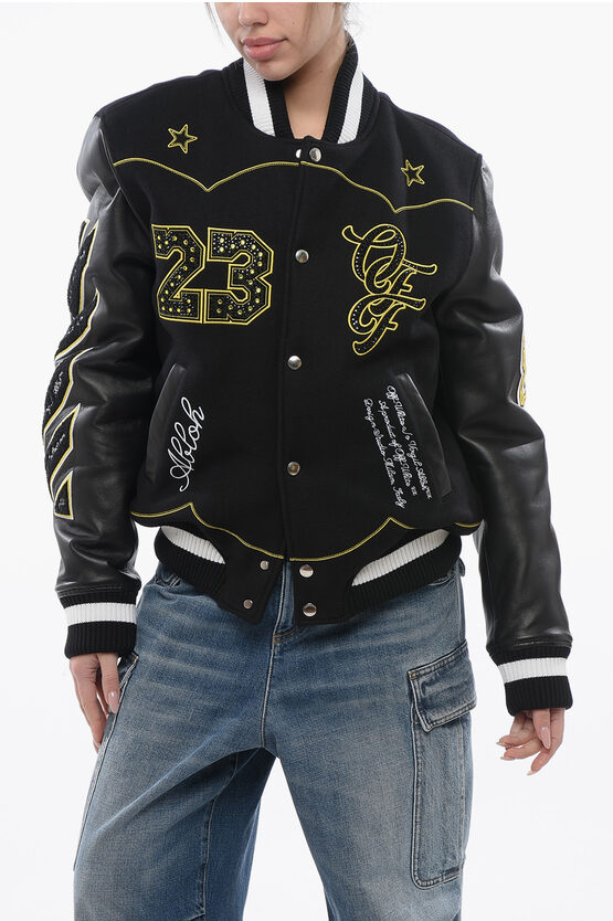 Off-white Padded Horsehoe Bomber Jacket With Leather Sleeves And All-o In Black