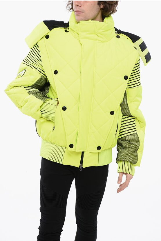 Balmain Padded Neon Jacket With Removable Hood And Mesh Details In Animal Print