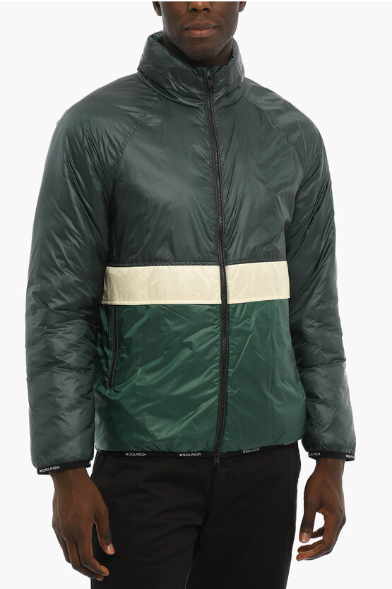 Woolrich Padded Pack-it Jacket With Logoed Trim On The Hood In Green