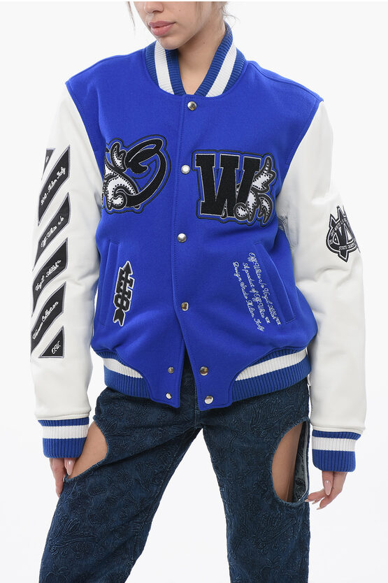 Off-white Padded Royal Bomber Jacket With Leather Sleeves And All-over