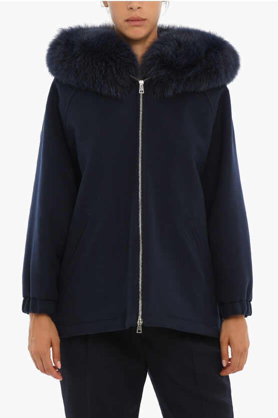 Blancha Padded Wool Zipped Coat With Fur Lined Hood In Blue