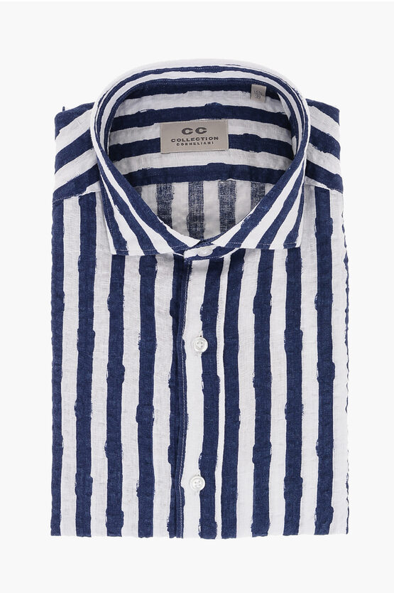 Corneliani Paint Effect Awning Striped Linen Shirt In Multi