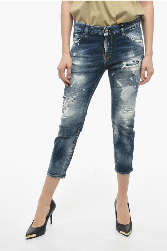 Dsquared2 Paint Effect Cool Girl Cropped Jeans 15cm In Blue