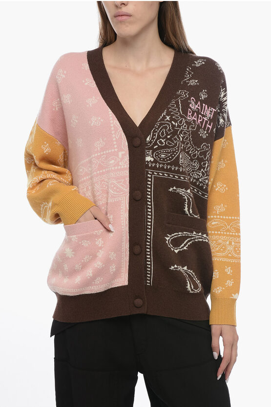 Shop Mc2 Saint Barth Paisley Motif Color Block V-neck Cardigan