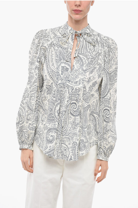 Etro Paisley Print Blouse With Ribbon Neckline In Gray