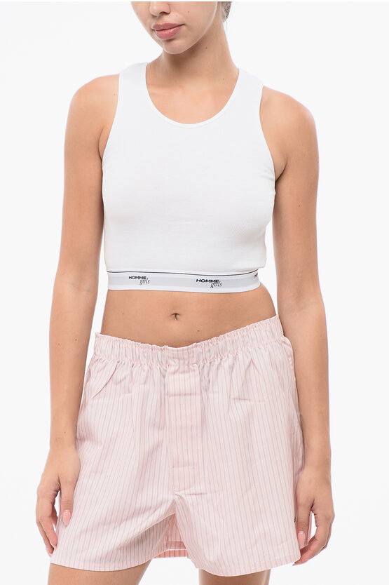Hommegirls Pajama Crop Top With Logoed Elastic Band In White
