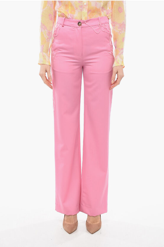 Julfer Palazzo Wool Pants With Frayed Details In Pink
