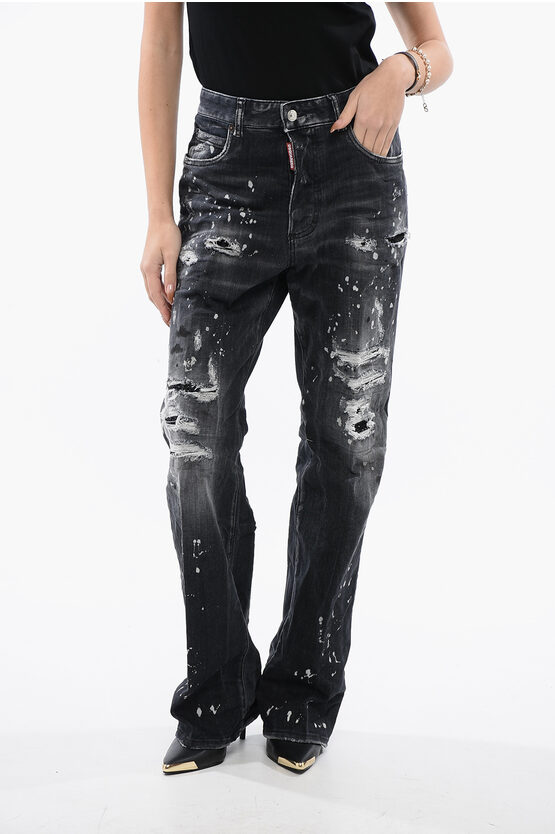 DSQUARED2 VINTAGE EFFECT WIDE LEG ROADIE JEANS WITH RHINESTONE 24CM