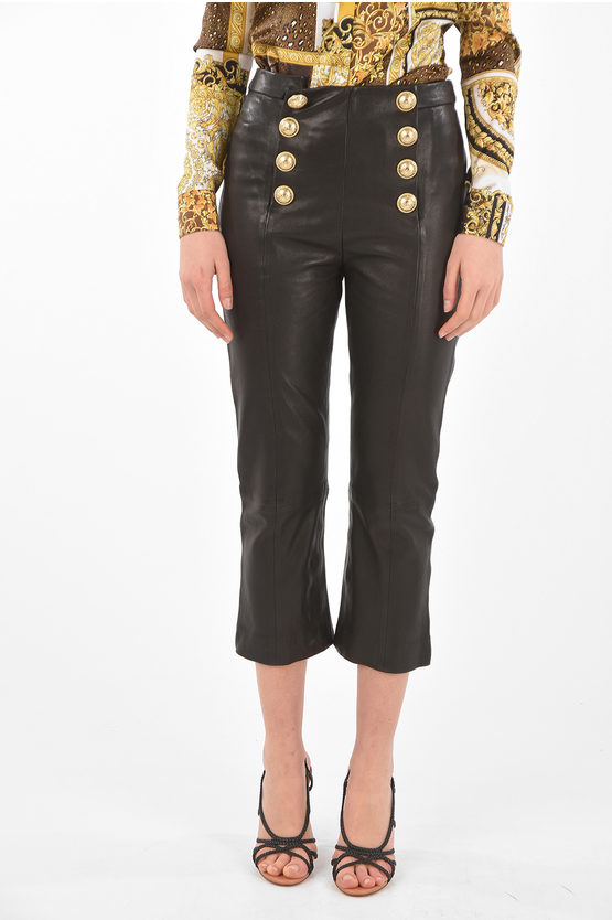 Balmain Pantaloni Cropped in Pelle con Bottoni donna - Glamood Outlet