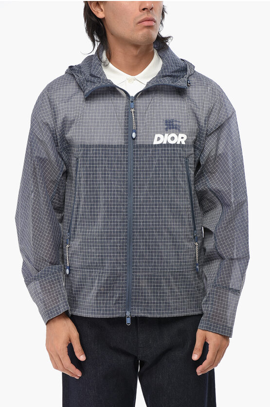 Dior Parley Checked Nylon Windbreaker Jacket With Hood In Gray