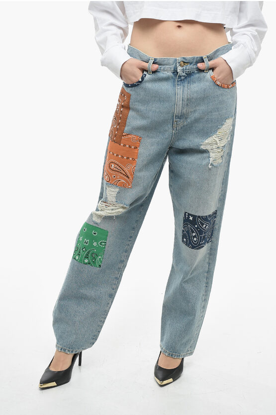 Alanui Patchwork California Jeans With Distressed Details In Blue