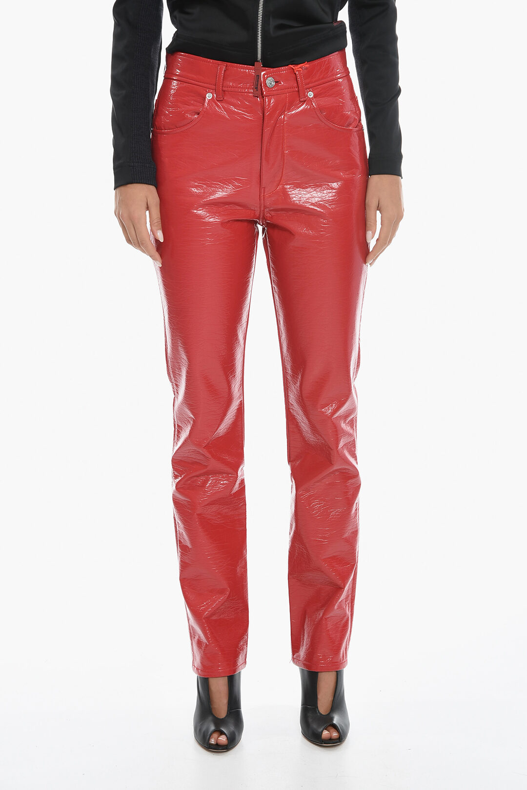 【美品】SYNTHETIC LEATHER COLOR SCHEME PANTS Wvapzxx High Waist PU Leather Straight Pants Women Shiny