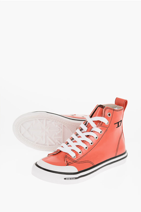 Diesel Patent Faux Leather S-athos High-top Sneakers With Contrasti In Orange
