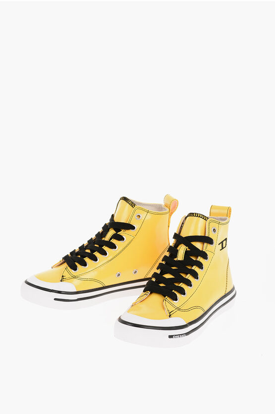 Diesel Patent Faux Leather S-athos High-top Sneakers With Contrasti In Yellow