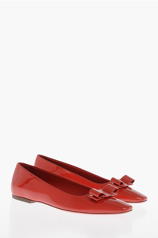 Shop Ferragamo Patent Leather Anz Ballet Flats With Front Bow