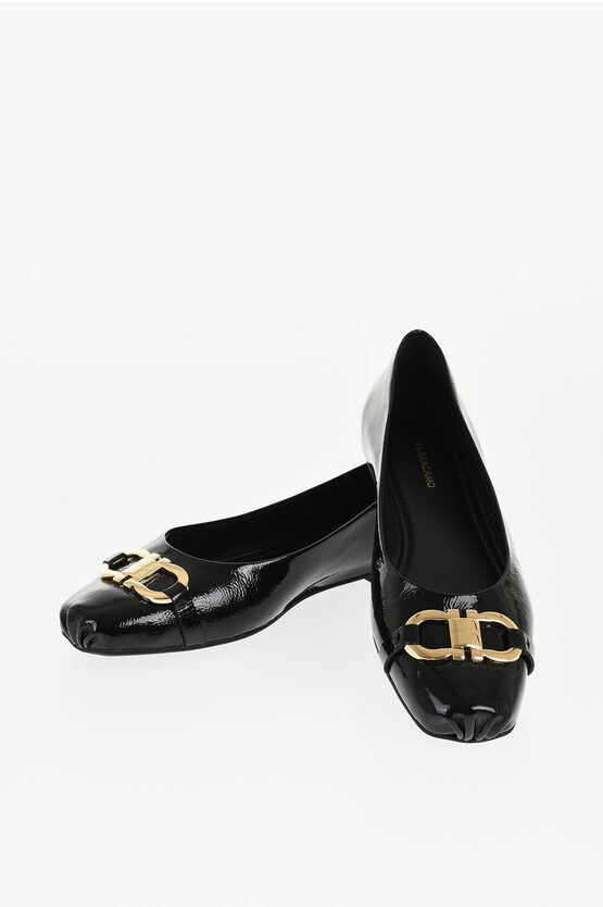 Ferragamo Patent Leather Ballet Flats With Front Morset In Black