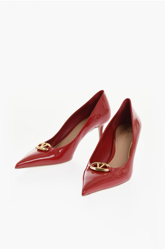 Valentino Patent Leather Bold Point Toe Pumps With Front Logo 6.5cm In Red