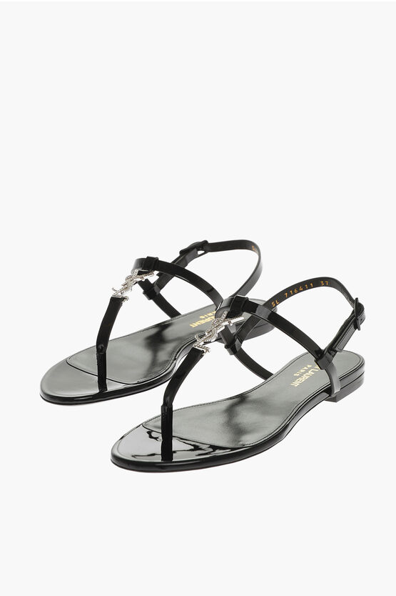 Shop Saint Laurent Patent Leather Cassandra Thong Sandals With Jeweled Logo