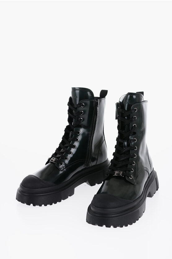 HOGAN PATENT LEATHER COMBAT BOOTS WITH CONTRAST LACES 