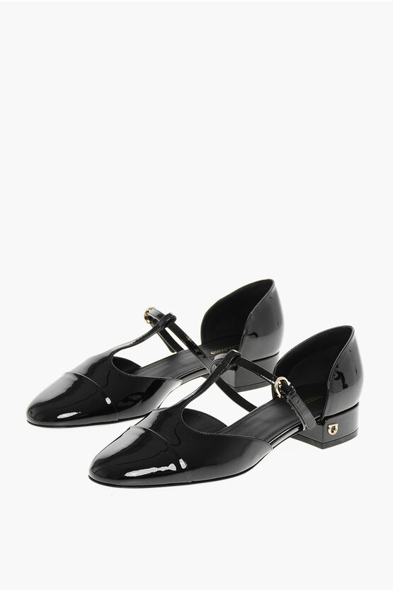 Ferragamo Patent Leather Linette T-bar Ballet Flats In Black