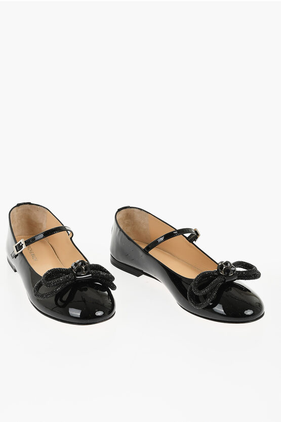 Mach&mach Patent Leather Mary Jane Ballet Flats With Jeweled Bow In Black