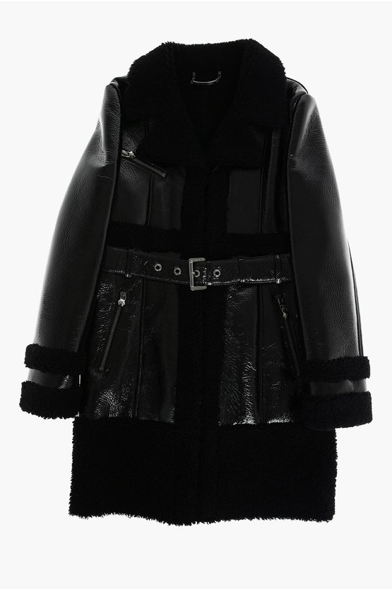 Philipp Plein patent leather maxi biker with shearling details and belt ...