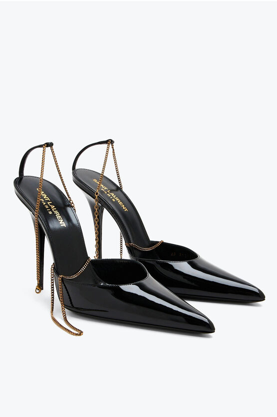 Saint Laurent Patent Leather Mules With Logoed Chain 11cm In Black