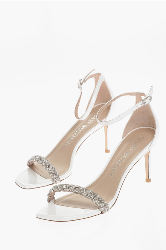 Stuart Weitzman Patent Leather Sandals With Braided Rhinestoned Detail In White