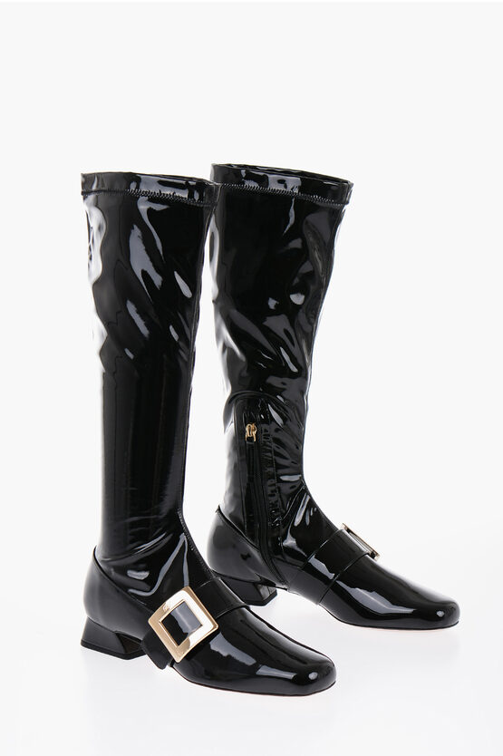 Shop Roger Vivier Patent Leather Stretchy High Boots With Buckle 3cm