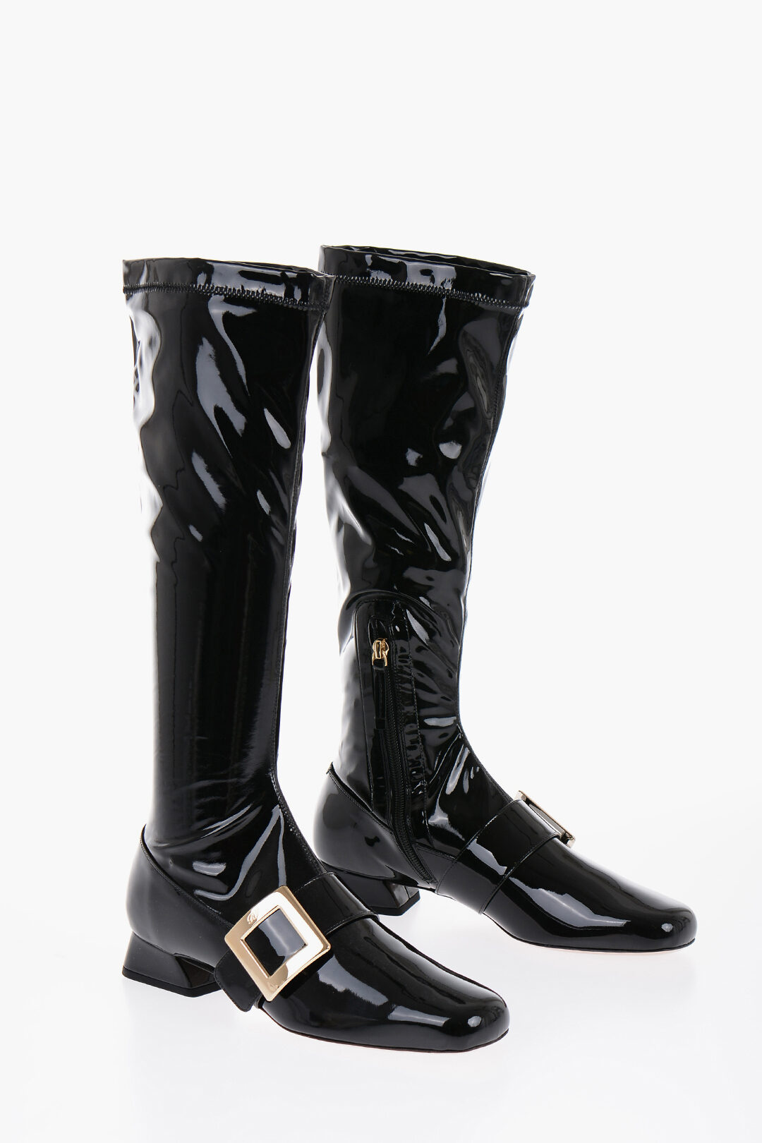 Roger Vivier Patent Leather Stretchy High Boots with Buckle 3cm women Glamood Outlet