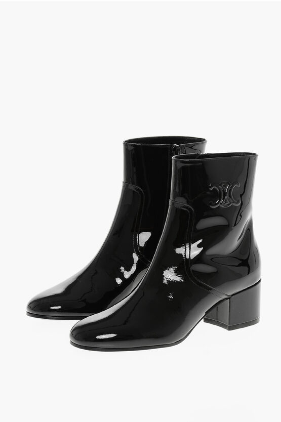 Celine Women Patent Leather Boots With Engraved Triomphe Logo In Black
