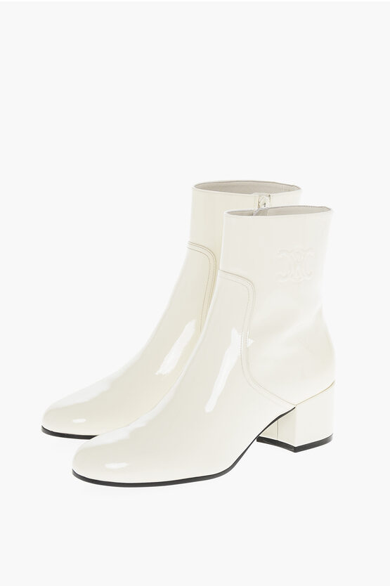 Celine Patent Leather Triomphe Booties With Embossed Logo 5cm In White