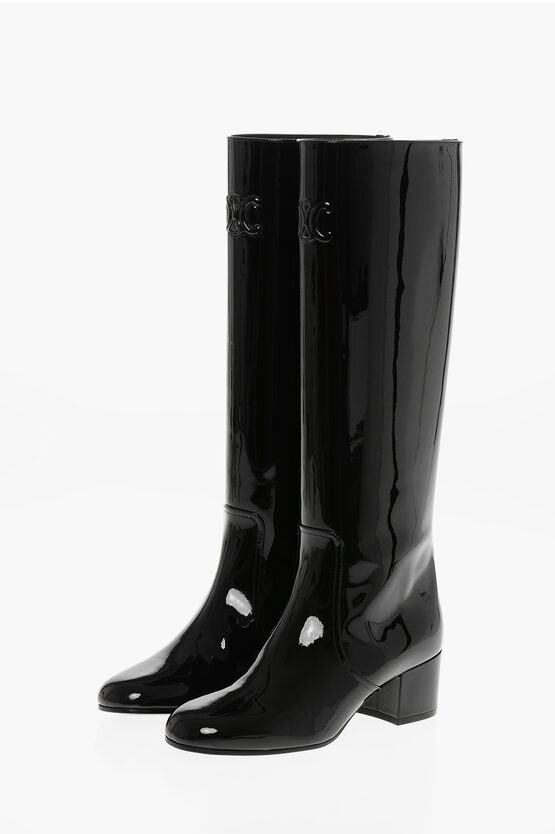 Celine Patent Leather Triomphe Boots With Embossed Logo 5cm In Black