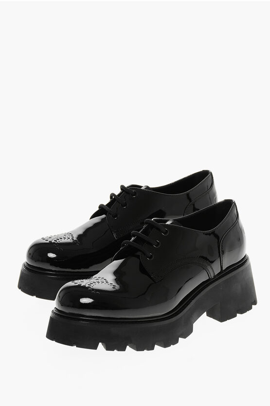 Celine Patent Leather Triomphe Derby Shoes With Carrion Sole In Black