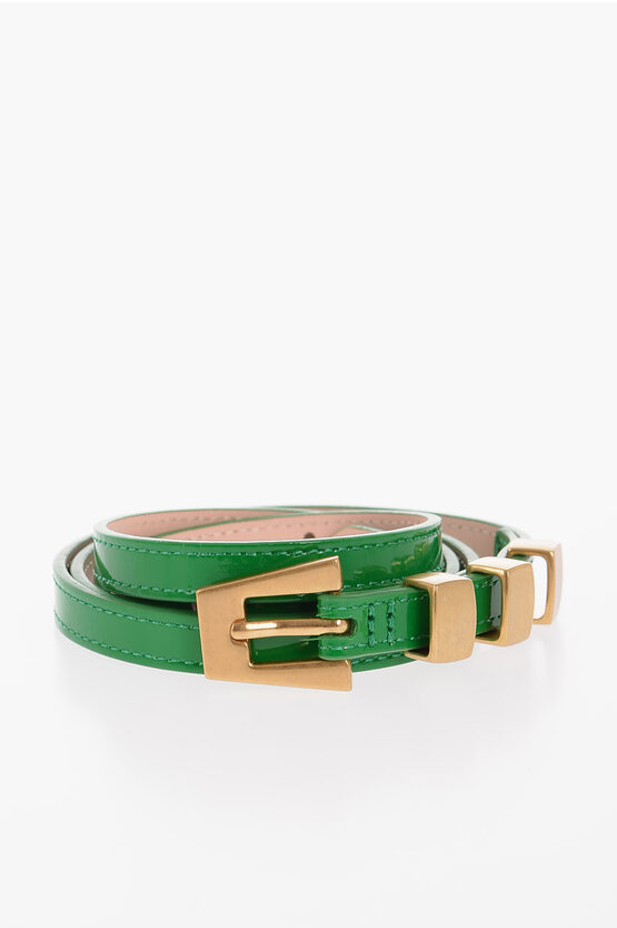 By Far Patent Leather Vic Slim Fit Belt With Golden Buckle 15mm In Green