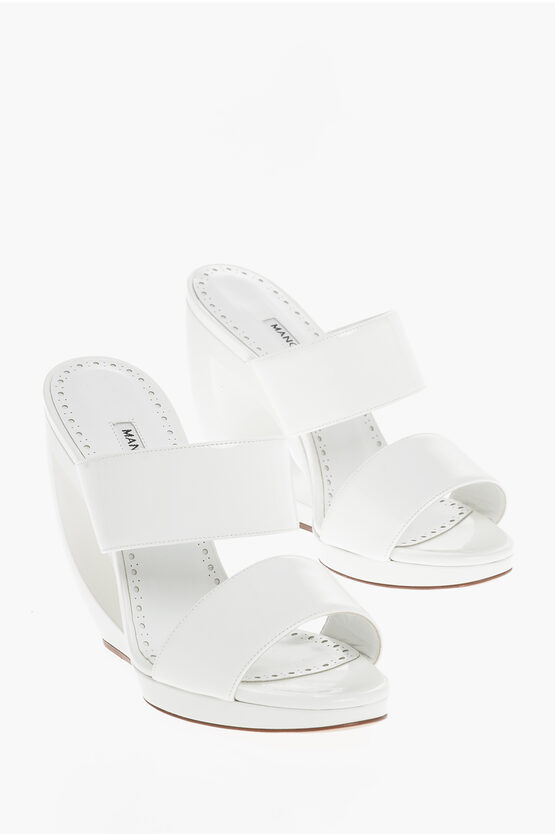 Manolo Blahnik Patent Leather Welli Mules With Cut-out Detail On Wedge 11cm In White