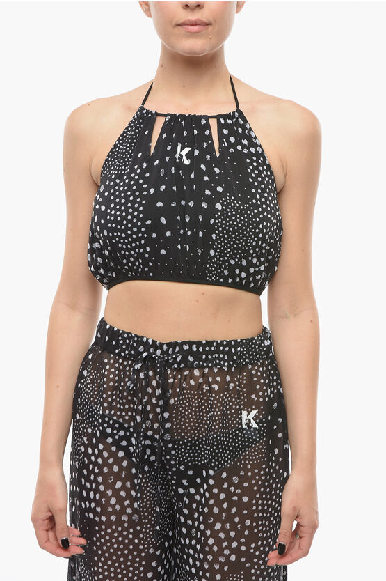 Karl Lagerfeld Patterned Halterneck Crop Top In Black