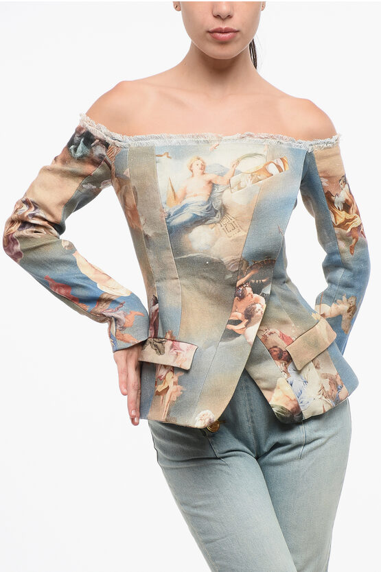 Balmain Patterned Linen Off-shoulder Blazer