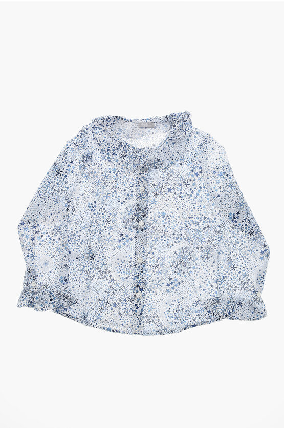 Il Gufo Patterned Poplin Cotton Shirt With Peter Pan Collar In Blue