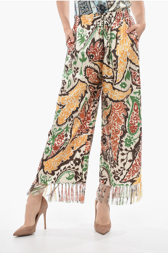 Shop Dior Patterned Silk Gaucho Pants With Fringed Bottom
